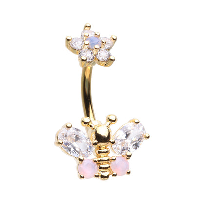 CZ Crystal Butterfly with Flower Top Belly Button Ring - Stainless Steel