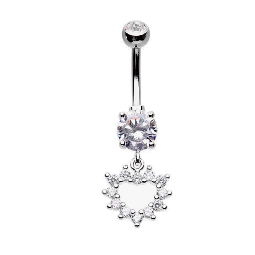 CZ Crystal Heart Outline Dangling Belly Button Ring
 - Stainless Steel