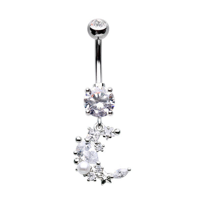 Gem Clustered Crescent Moon Dangling Belly Button Ring - Stainless Steel