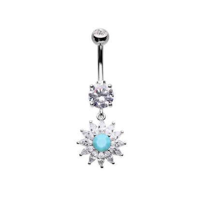 CZ Crystal Sunburst with Turquoise Bead Center Dangling Belly Button Ring
 - Stainless Steel