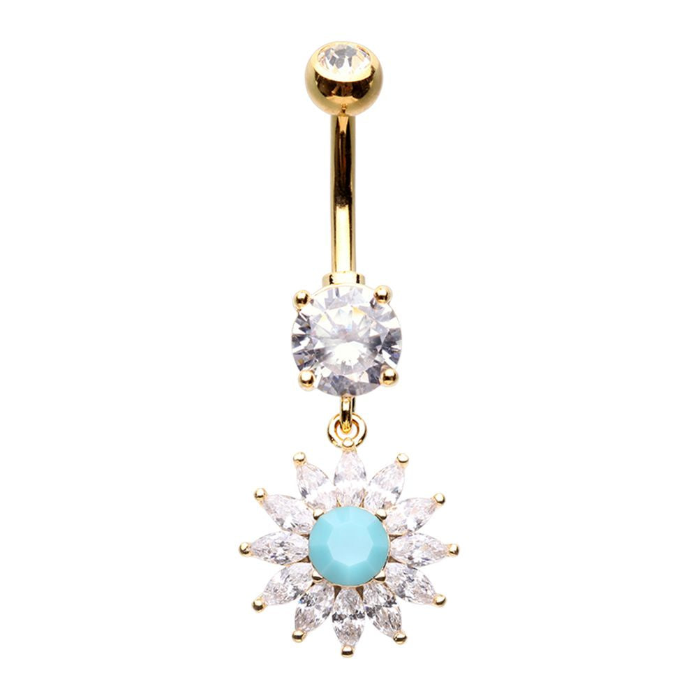 CZ Crystal Sunburst with Turquoise Bead Center Dangling Belly Button Ring
 - Stainless Steel