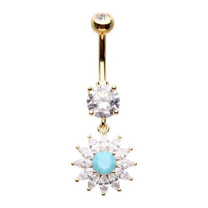 CZ Crystal Sunburst with Turquoise Bead Center Dangling Belly Button Ring
 - Stainless Steel