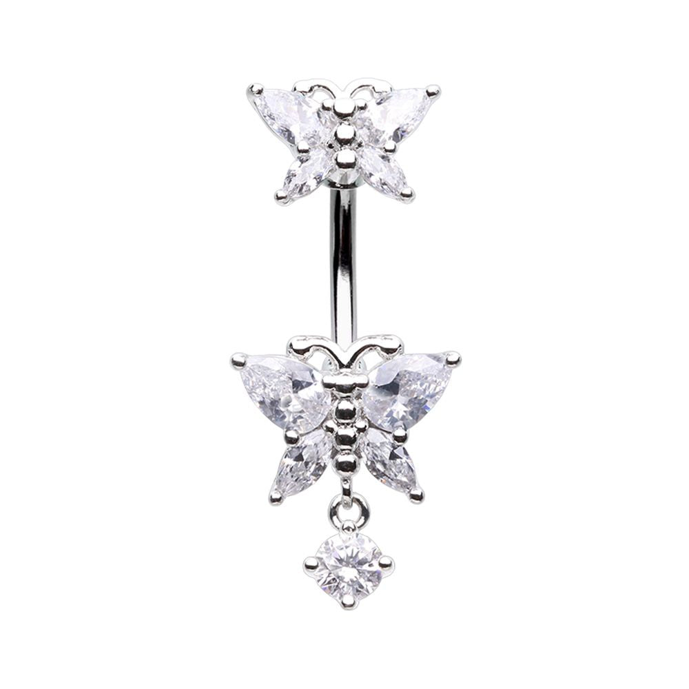 CZ Crystal Double Butterfly with Dangling Drop Belly Button Ring
 - Stainless Steel