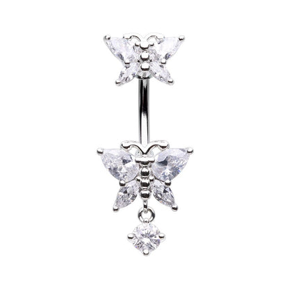 CZ Crystal Double Butterfly with Dangling Drop Belly Button Ring
 - Stainless Steel