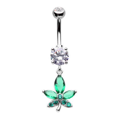 Green CZ Crystal Pot Leaf Dangling Belly Button Ring - Stainless Steel