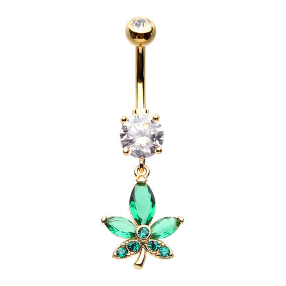 Green CZ Crystal Pot Leaf Dangling Belly Button Ring - Stainless Steel