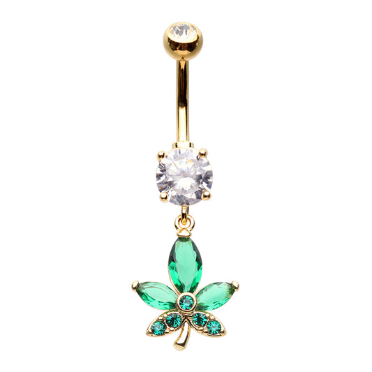 Green CZ Crystal Pot Leaf Dangling Belly Button Ring - Stainless Steel