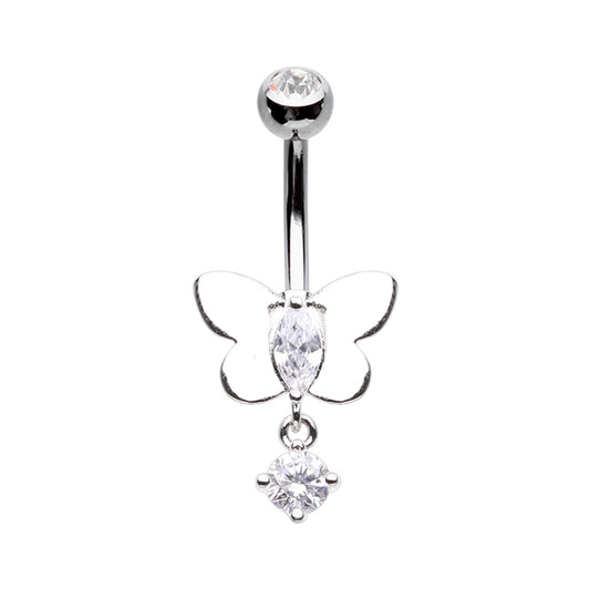 Butterfly with CZ Crystal Drop Belly Button Ring - Stainless Steel