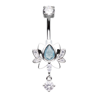 Blooming Lotus with Dangling CZ Crystal Belly Button Ring - Stainless Steel