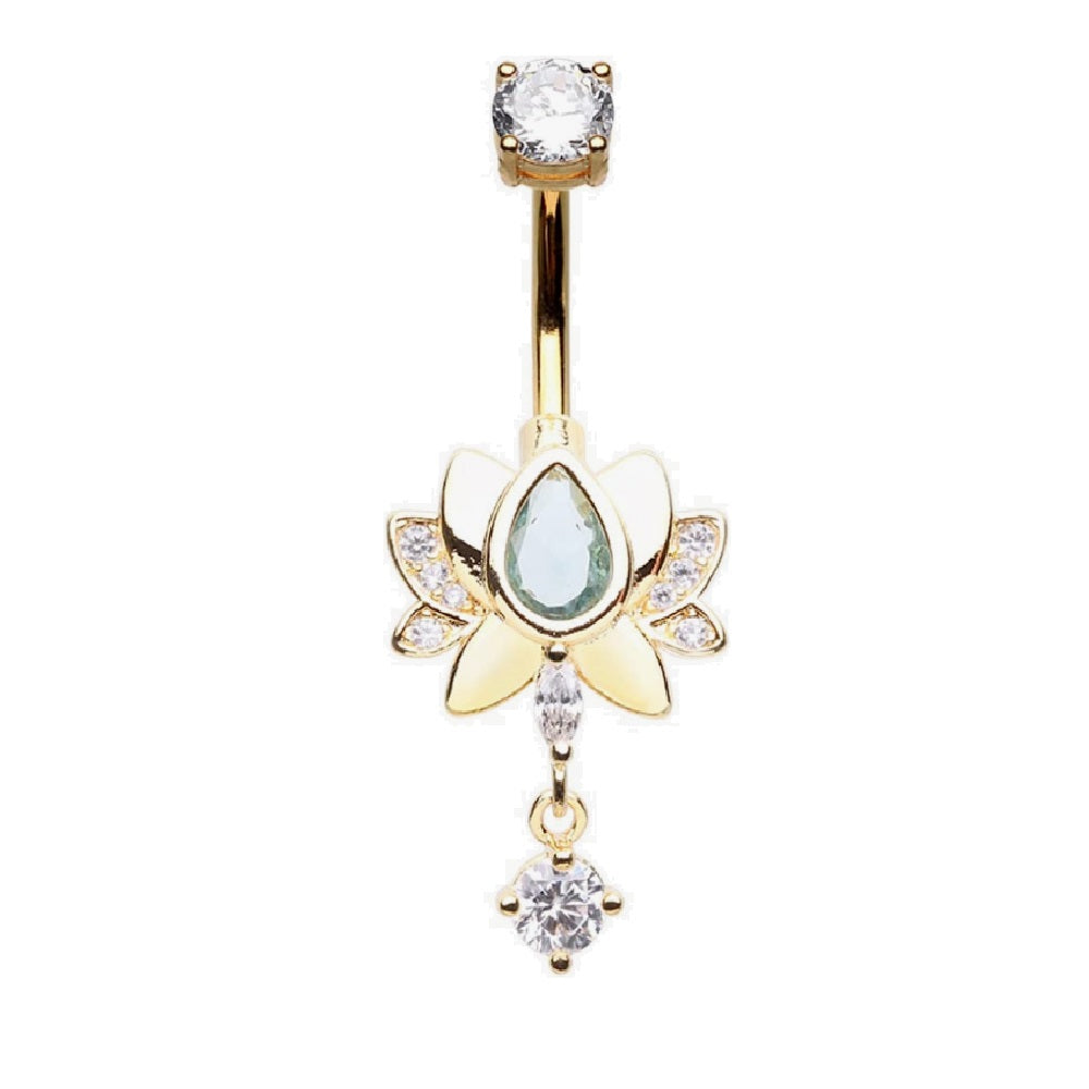 Blooming Lotus with Dangling CZ Crystal Belly Button Ring - Stainless Steel