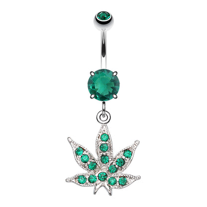 CZ Crystal Green Pot Leaf Dangling Belly Button Ring - Stainless Steel