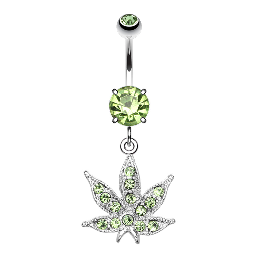 CZ Crystal Green Pot Leaf Dangling Belly Button Ring - Stainless Steel