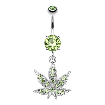 CZ Crystal Green Pot Leaf Dangling Belly Button Ring - Stainless Steel