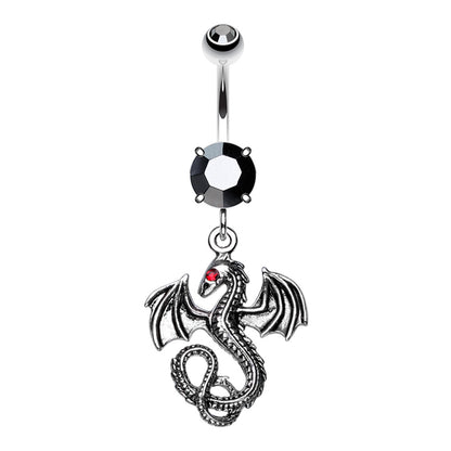 CZ Crystal Dragon Dangling Belly Button Ring - Stainless Steel