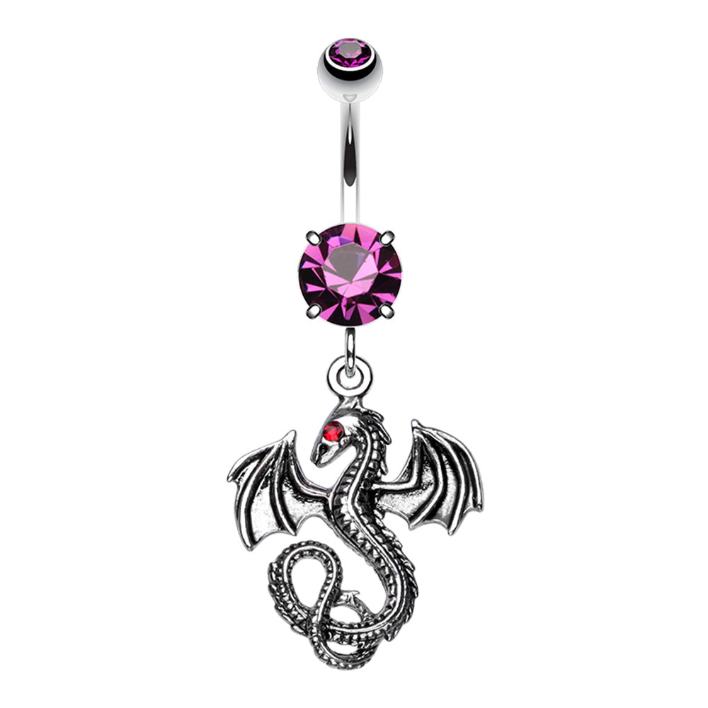 CZ Crystal Dragon Dangling Belly Button Ring - Stainless Steel