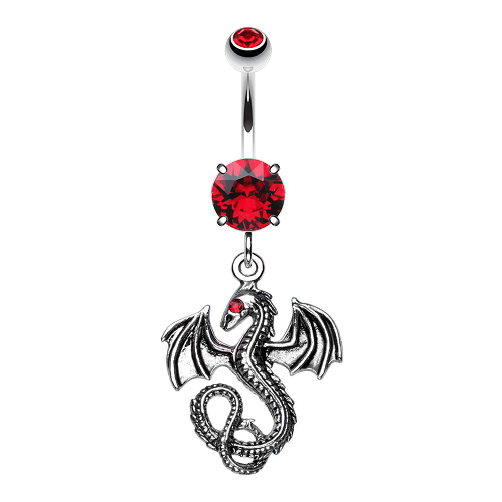 CZ Crystal Dragon Dangling Belly Button Ring - Stainless Steel