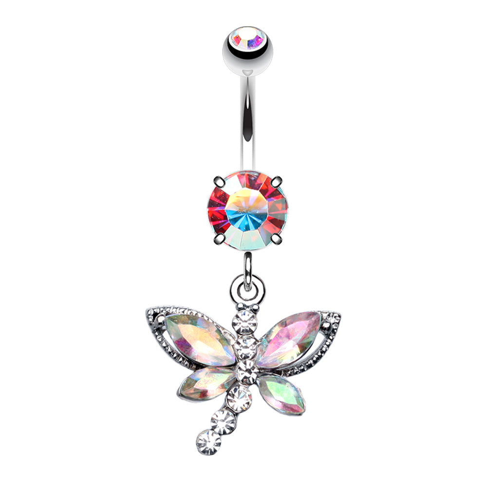 CZ Crystal Dragonfly Dangling Belly Button Ring - Stainless Steel