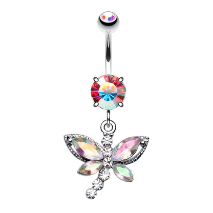 CZ Crystal Dragonfly Dangling Belly Button Ring - Stainless Steel