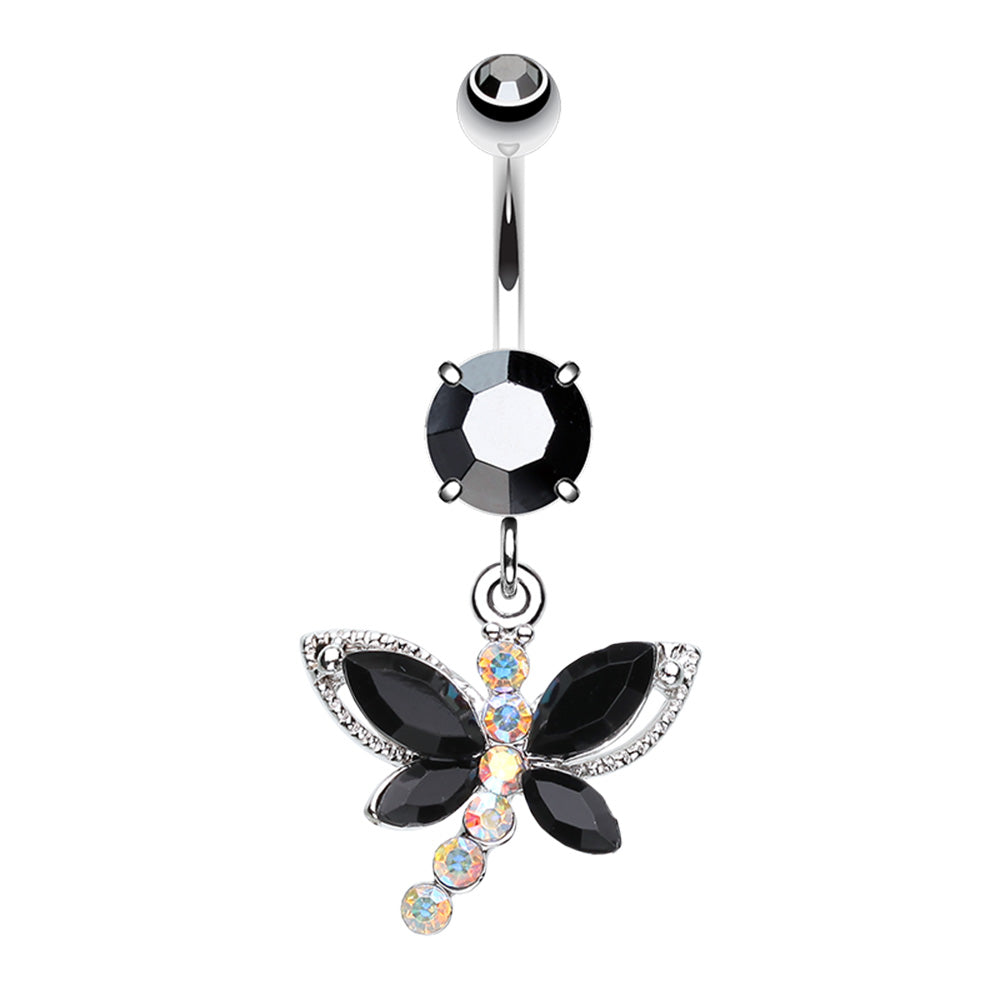 CZ Crystal Dragonfly Dangling Belly Button Ring - Stainless Steel