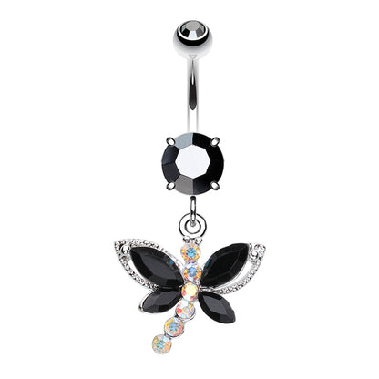 CZ Crystal Dragonfly Dangling Belly Button Ring - Stainless Steel