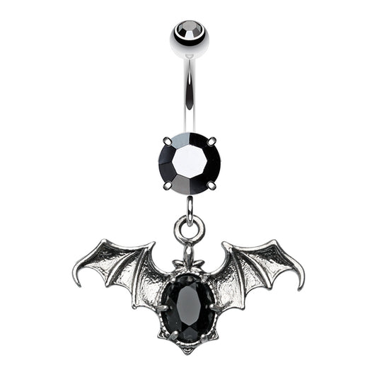 CZ Crystal Bat Dangling Belly Button Ring - Stainless Steel