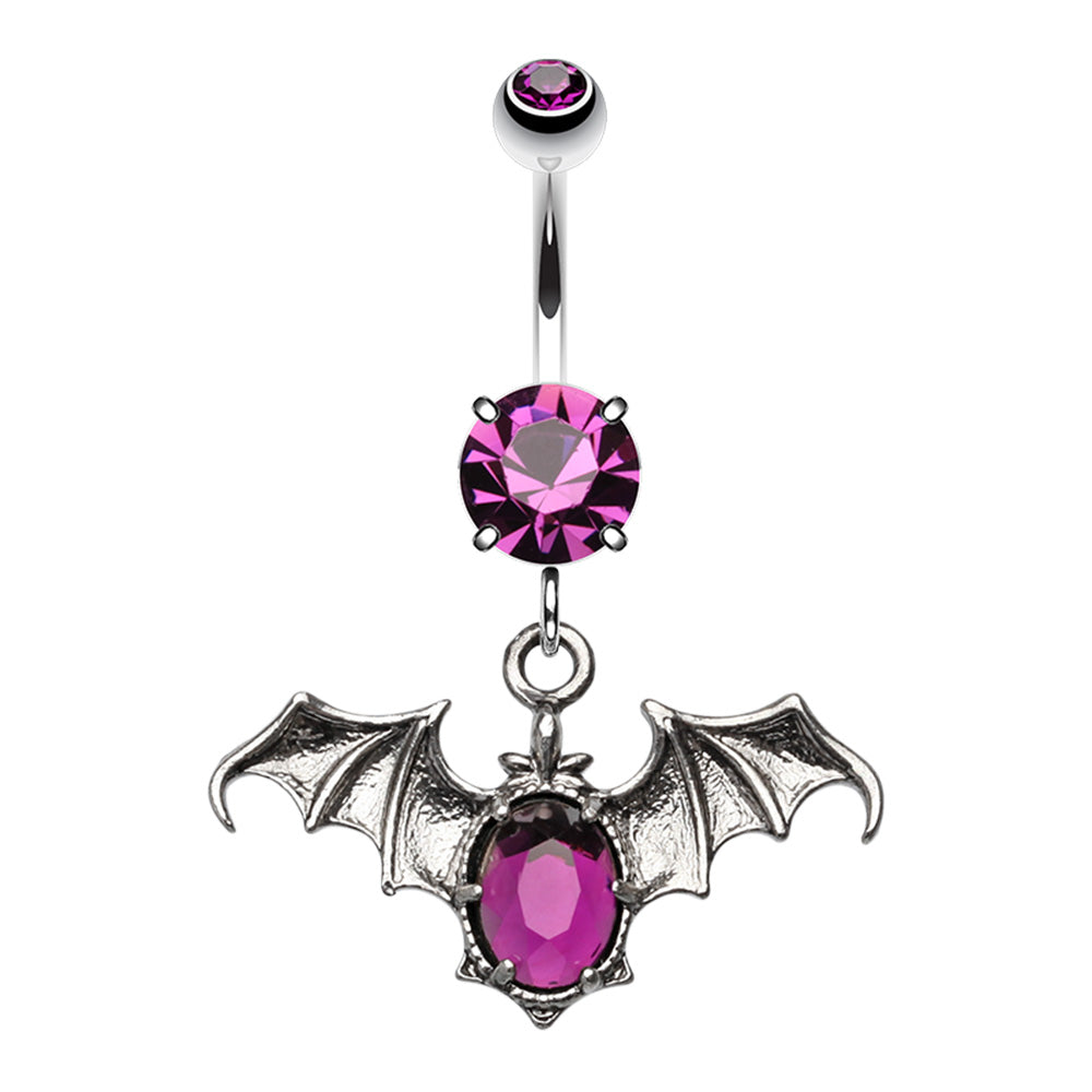 CZ Crystal Bat Dangling Belly Button Ring - Stainless Steel