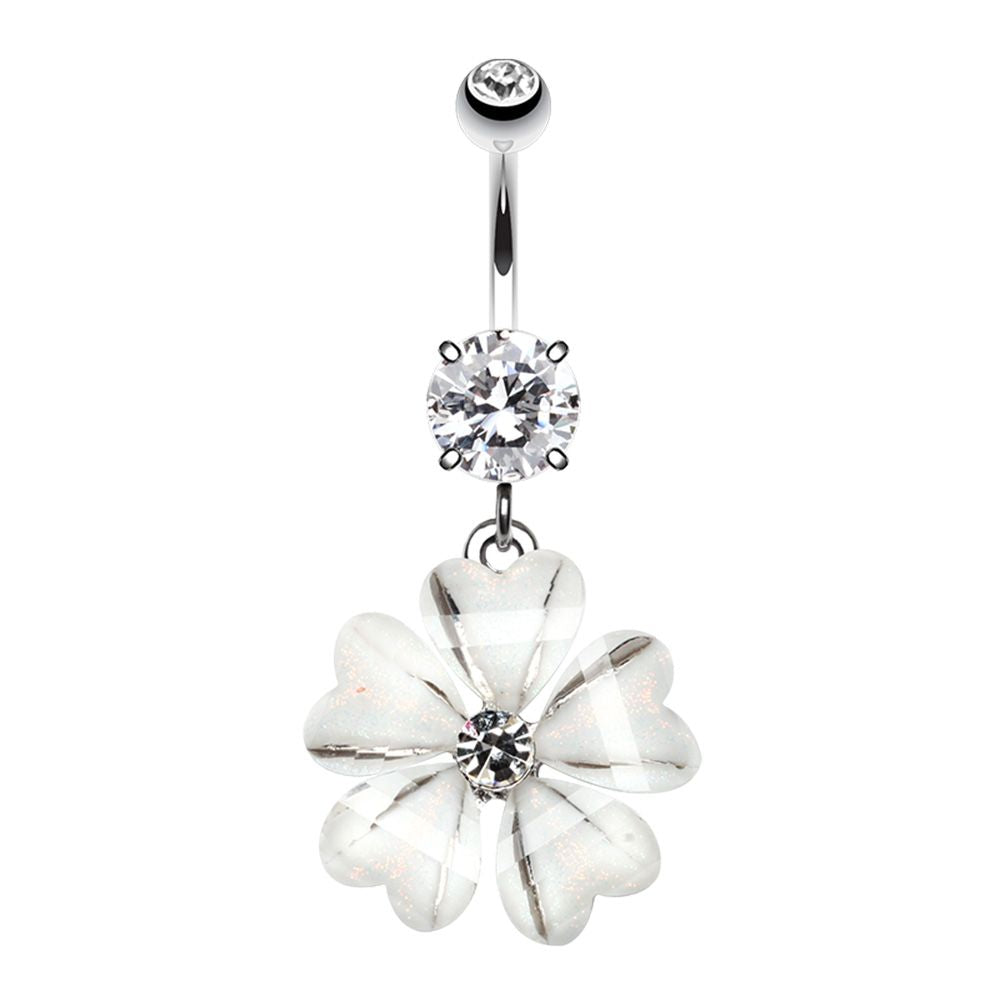 CZ Crystal Hawaiian Flower Dangling Belly Button Ring - Stainless Steel