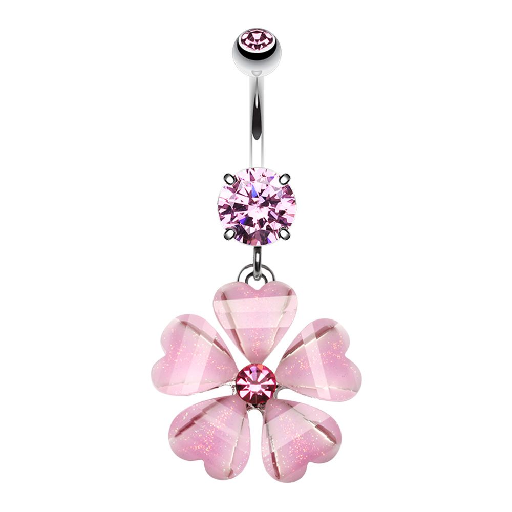 CZ Crystal Hawaiian Flower Dangling Belly Button Ring - Stainless Steel