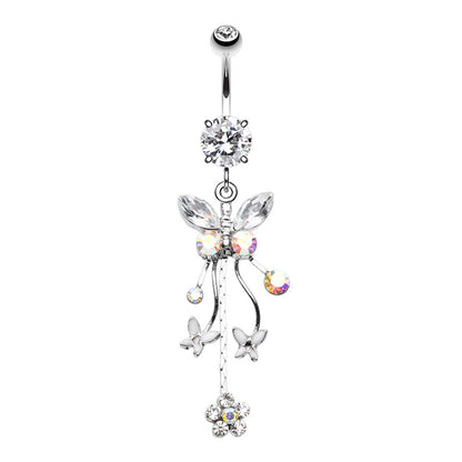 Butterfly with Dangling Charms Belly Button Ring - Stainless Steel