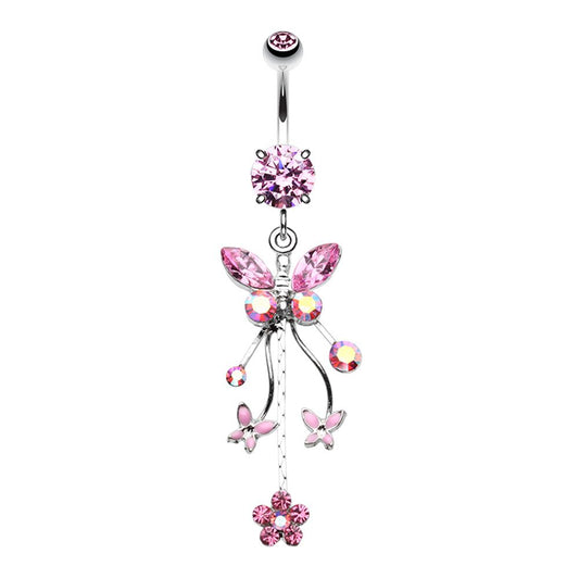 Butterfly with Dangling Charms Belly Button Ring - Stainless Steel