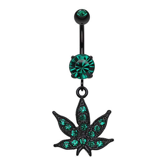 Green CZ Crystal Pot Leaf Dangling Belly Button Ring - Black Stainless Steel