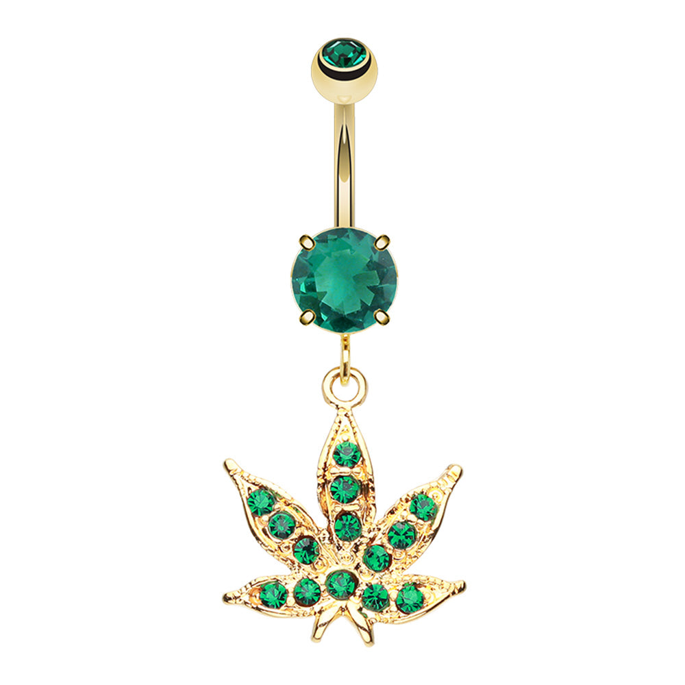 CZ Crystal Green Pot Leaf Dangling Belly Button Ring - Stainless Steel