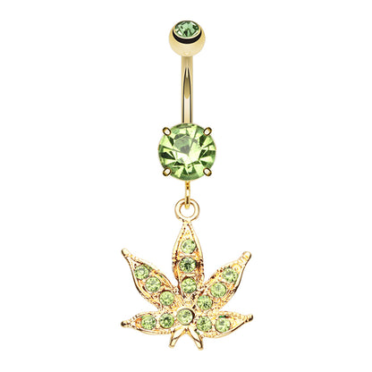 CZ Crystal Green Pot Leaf Dangling Belly Button Ring - Stainless Steel