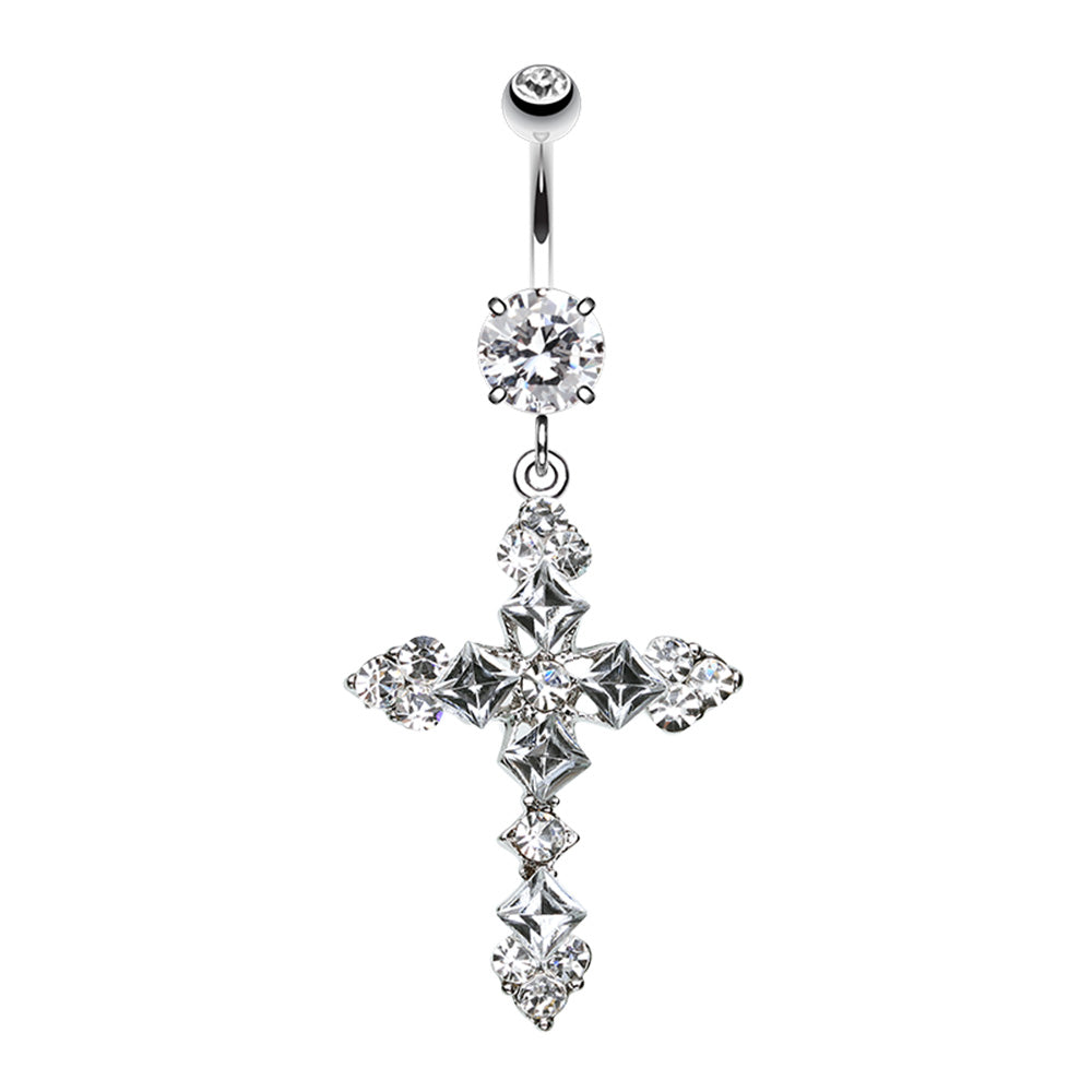 CZ Crystal Cross My Heart Dangling Belly Button Ring - Stainless Steel