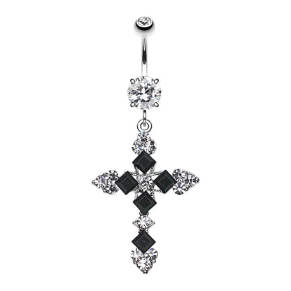 CZ Crystal Cross My Heart Dangling Belly Button Ring - Stainless Steel