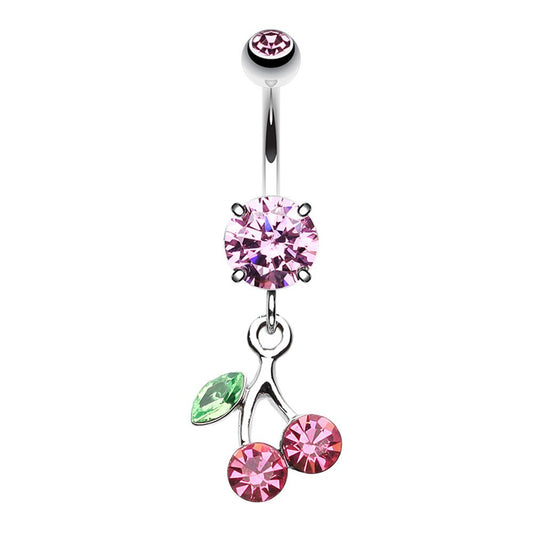 CZ Crystal Cherry Dangling Belly Button Ring - Stainless Steel