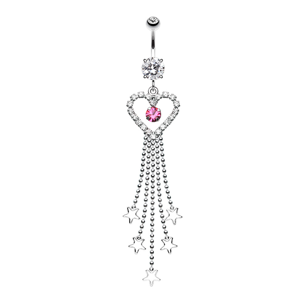 CZ Crystal Heart Outline with Dangling Star Chains Belly Button Ring - Stainless Steel