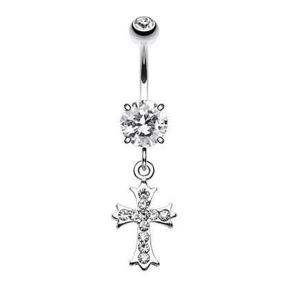 CZ Crystal Paved Cross Dangling Belly Button Ring - Stainless Steel