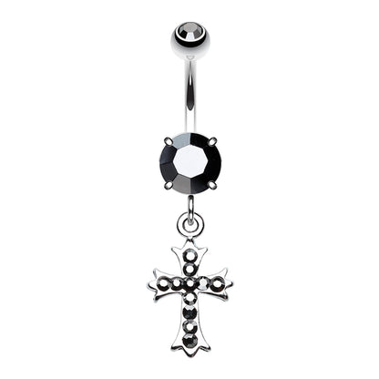 CZ Crystal Paved Cross Dangling Belly Button Ring - Stainless Steel