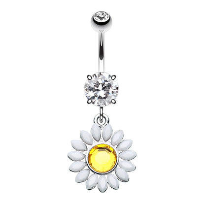 White Daisy Dangling Belly Button Ring - Stainless Steel