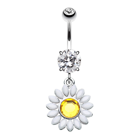 White Daisy Dangling Belly Button Ring - Stainless Steel