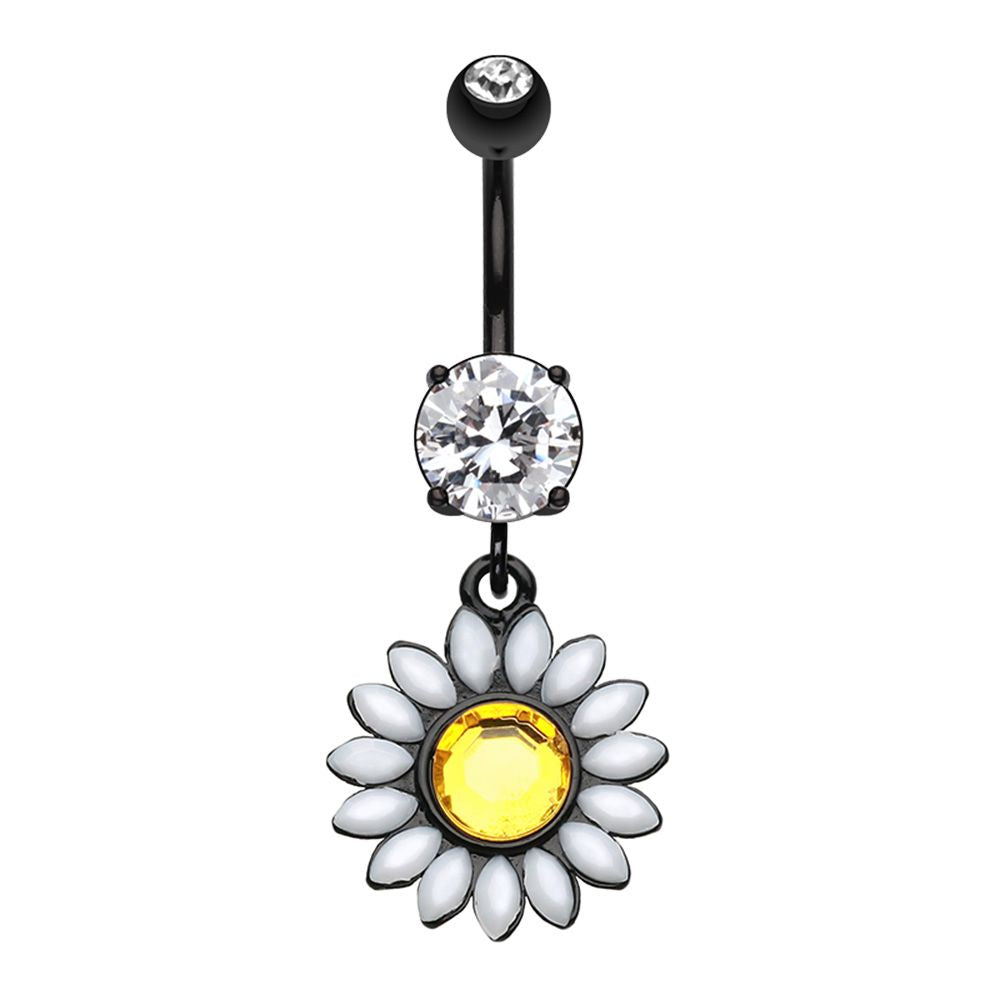 White Daisy Dangling Belly Button Ring - Stainless Steel