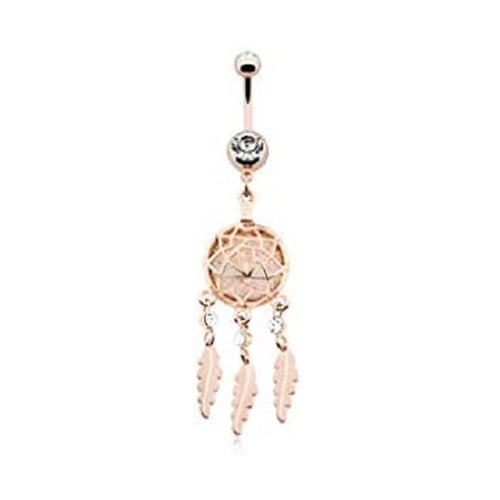 Dangling Glitter Dream Catcher with CZ Crystals Belly Button Ring - Stainless Steel