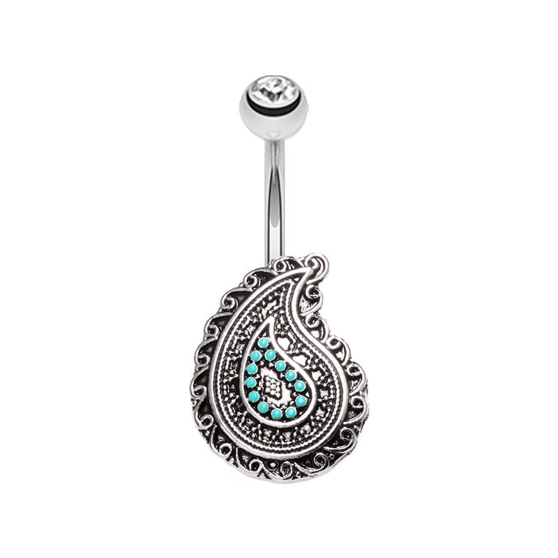 Vintage CZ Crystal and Turquoise Paisley Belly Button Ring
 - Stainless Steel