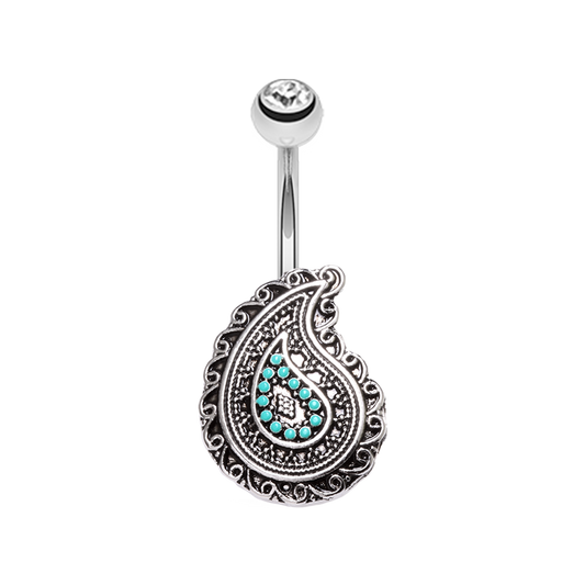 Vintage CZ Crystal and Turquoise Paisley Belly Button Ring
 - Stainless Steel