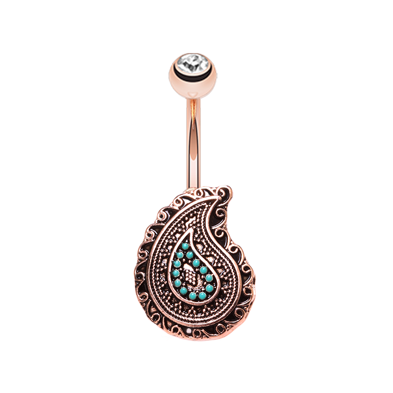 Vintage CZ Crystal and Turquoise Paisley Belly Button Ring
 - Stainless Steel