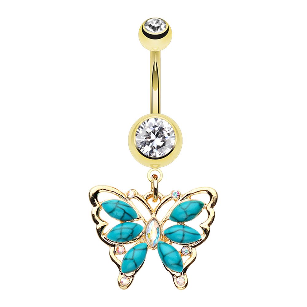 CZ Crystal Turquoise Butterfly Dangling Belly Button Ring - Stainless Steel