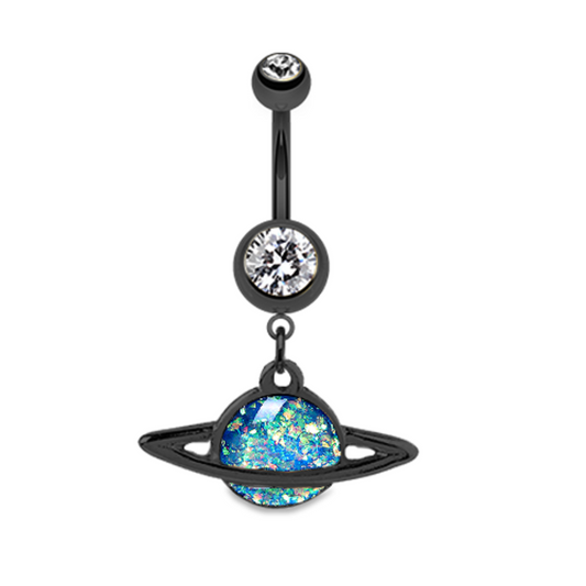 Gemmed Blue Glitter Galaxy Planet Dangling Belly Button Ring in Black Plated Stainless Steel - Stainless Steel