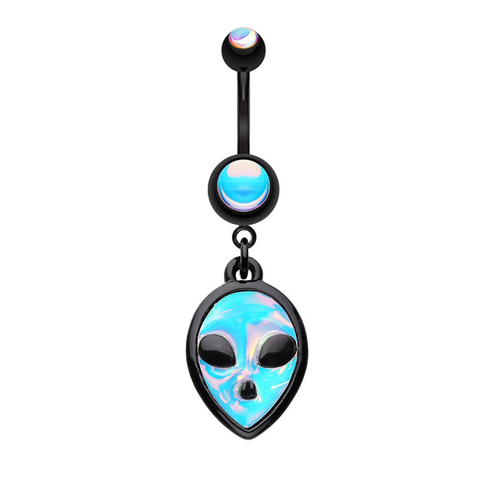 Holographic Extraterrestrial Alien Head Dangle Belly Button Ring - Stainless Steel