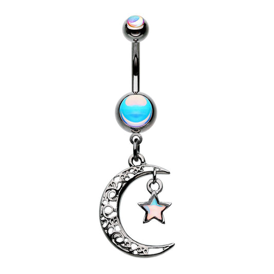 Holographic Hematite Filigree Moon and Star Dangle Belly Button Ring - Stainless Steel